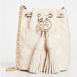 Tory Burch Quilted Fleming Soft Leather Mini Bucket Bag With Tassels Cream